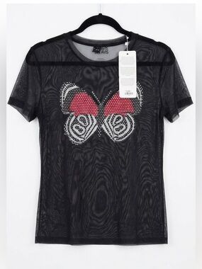 NWT Sheer Black Floral Mesh Butterfly Rhinestone Tee Top Y2K Grunge Fairy / S